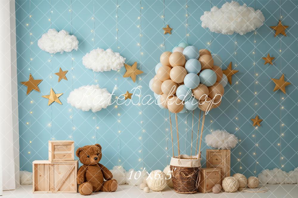 Kate Hot Air Balloon Clouds Stars Blue Fleece Backdrop Designed by Emetselch - Image 2