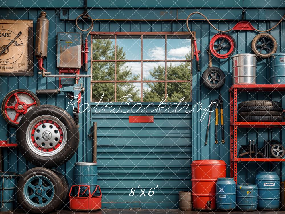 Kate Ink Blue Wall Tires Tools Garage Backdrop Designed by Emetselch - Image 3