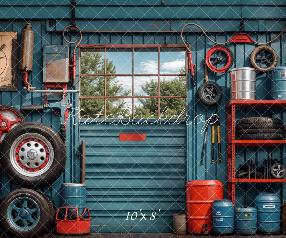 Kate Ink Blue Wall Tires Tools Garage Backdrop Designed by Emetselch - Image 5