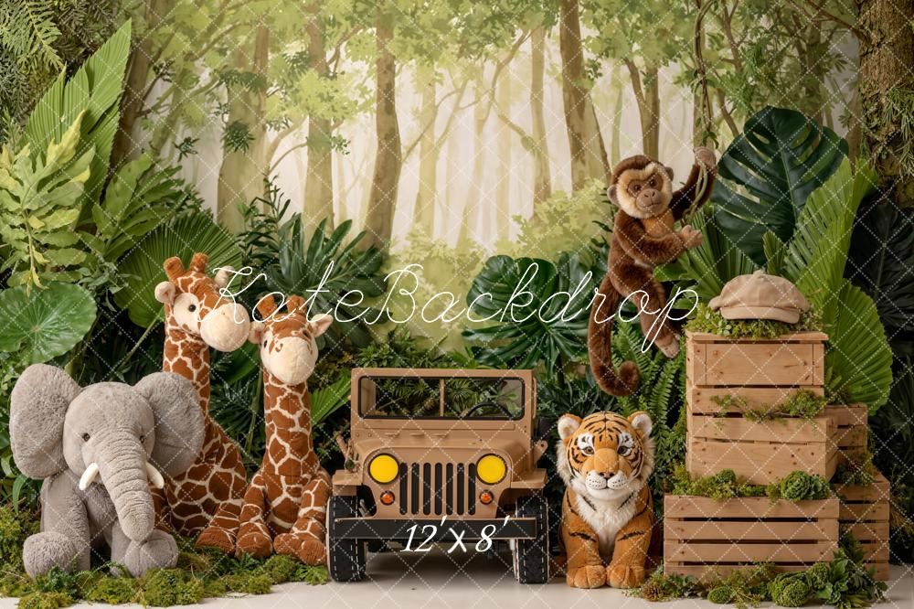 Kate Jungle Safari Jeep Crates Plush Animals Fleece Backdrop Designed by Emetselch - Image 4