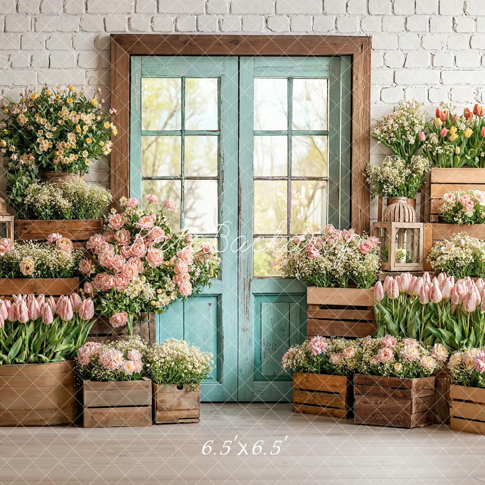 Kate Spring Tulips Wooden Crates Brick Wall Backdrop Designed by Emetselch - Image 2