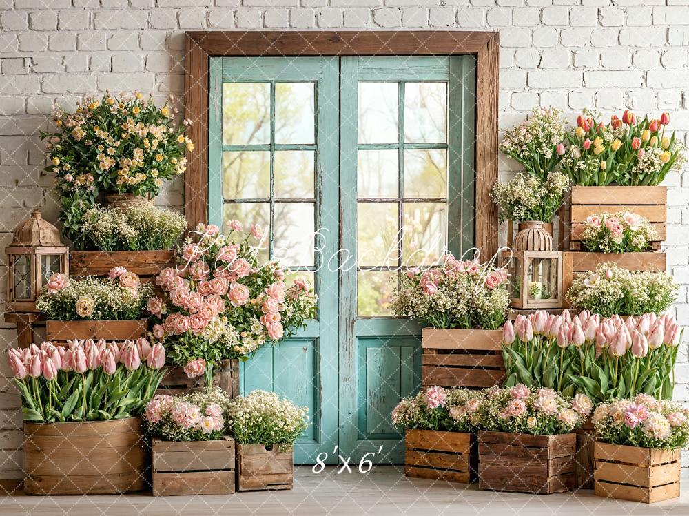 Kate Spring Tulips Wooden Crates Brick Wall Backdrop Designed by Emetselch - Image 3