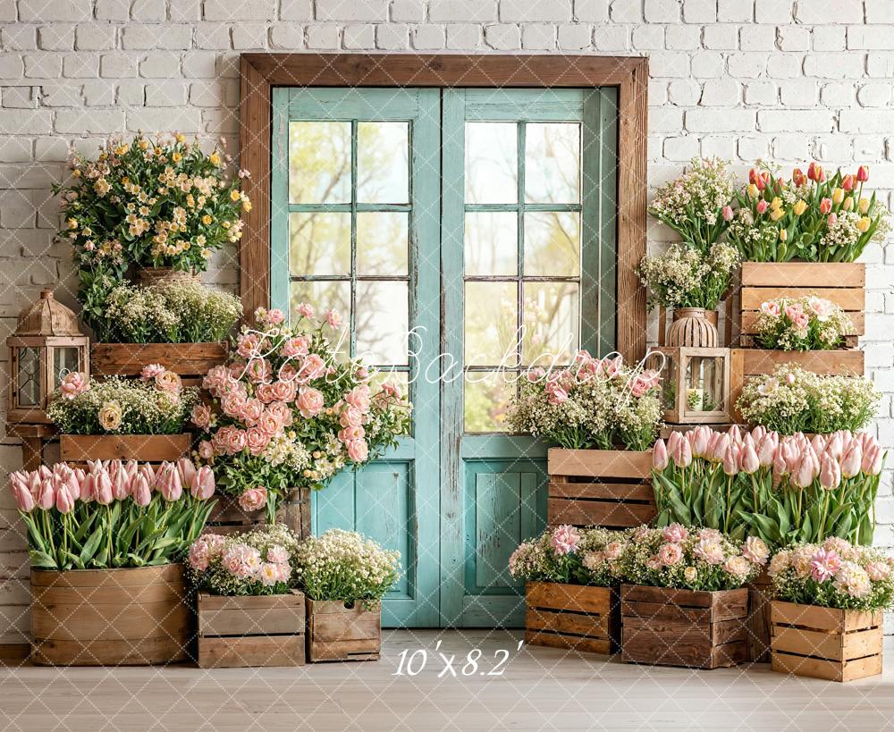 Kate Spring Tulips Wooden Crates Brick Wall Backdrop Designed by Emetselch - Image 6