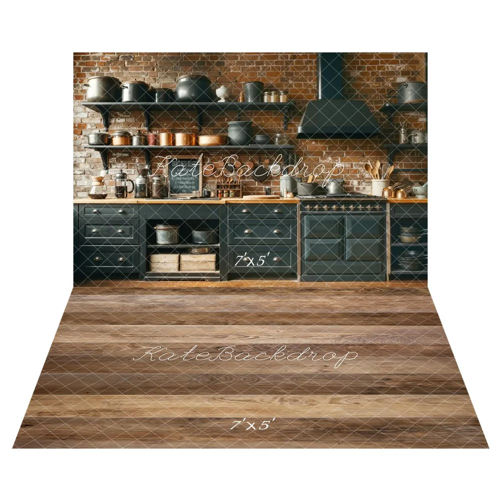 Kate Kitchen Shelves Brick Wall Utensils Backdrop+Wood Texture Brown Planks Backdrop - Image 2