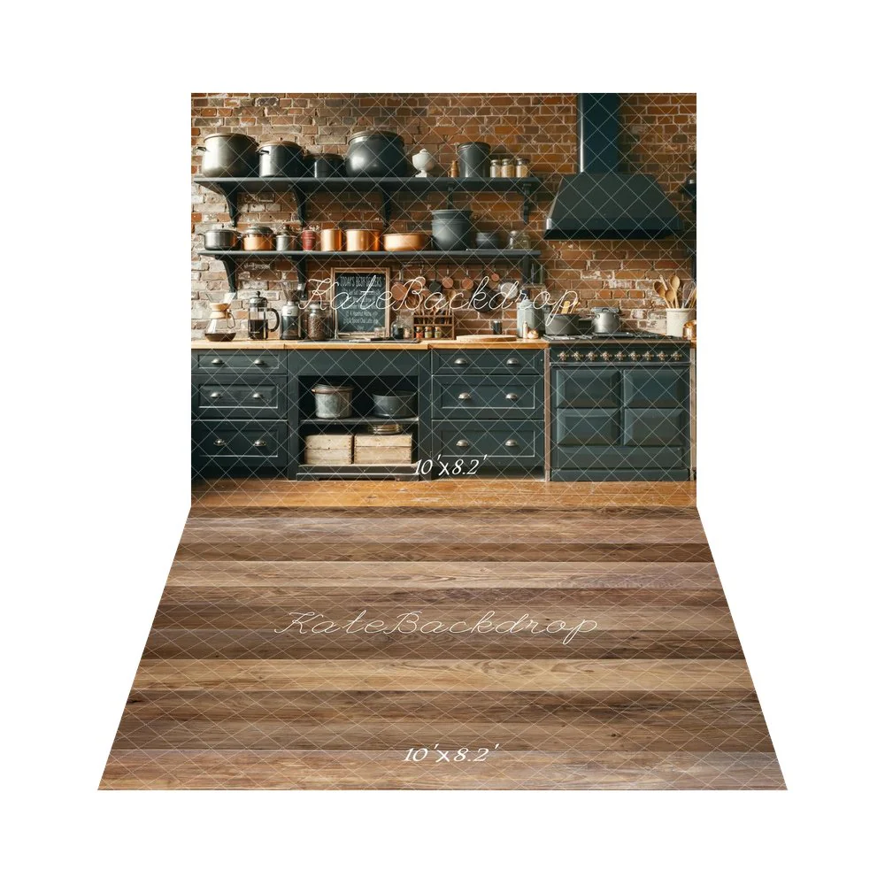 Kate Kitchen Shelves Brick Wall Utensils Backdrop+Wood Texture Brown Planks Backdrop - Image 3