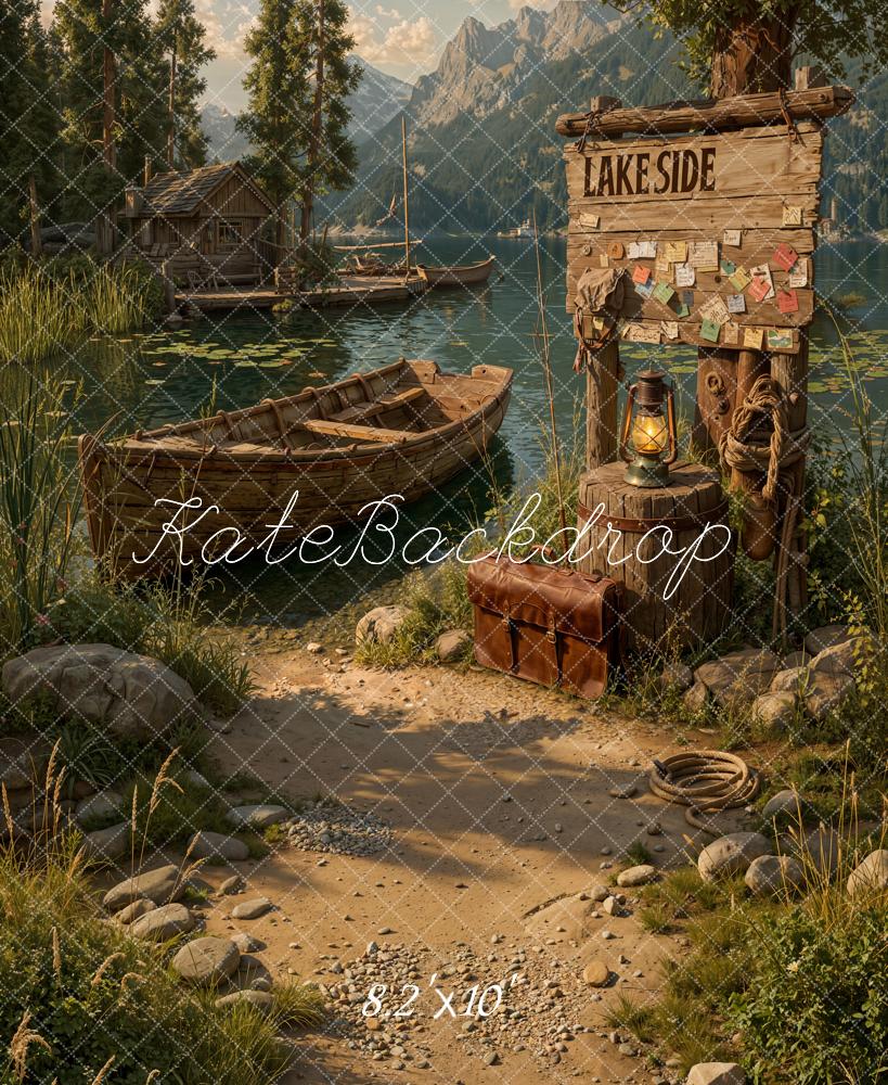 Kate Lakeside Boat Mountain Cabin Fleece Backdrop Designed by Emetselch - Image 3