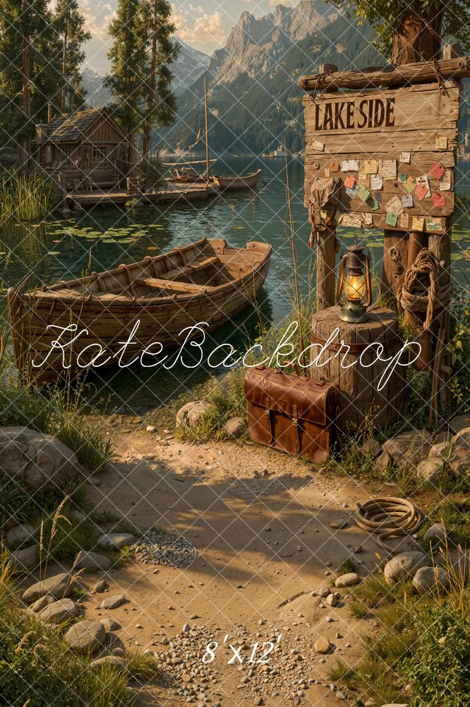 Kate Lakeside Boats Wooden Sign Mountains Backdrop Designed by Emetselch - Image 11