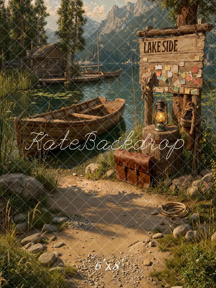 Kate Lakeside Boats Wooden Sign Mountains Backdrop Designed by Emetselch - Image 3