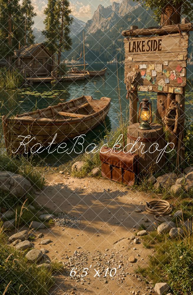 Kate Lakeside Boats Wooden Sign Mountains Backdrop Designed by Emetselch - Image 4