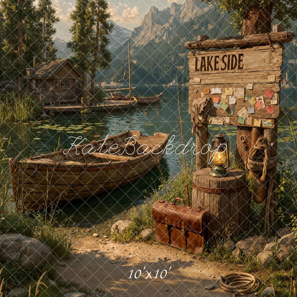Kate Lakeside Boats Wooden Sign Mountains Backdrop Designed by Emetselch - Image 7