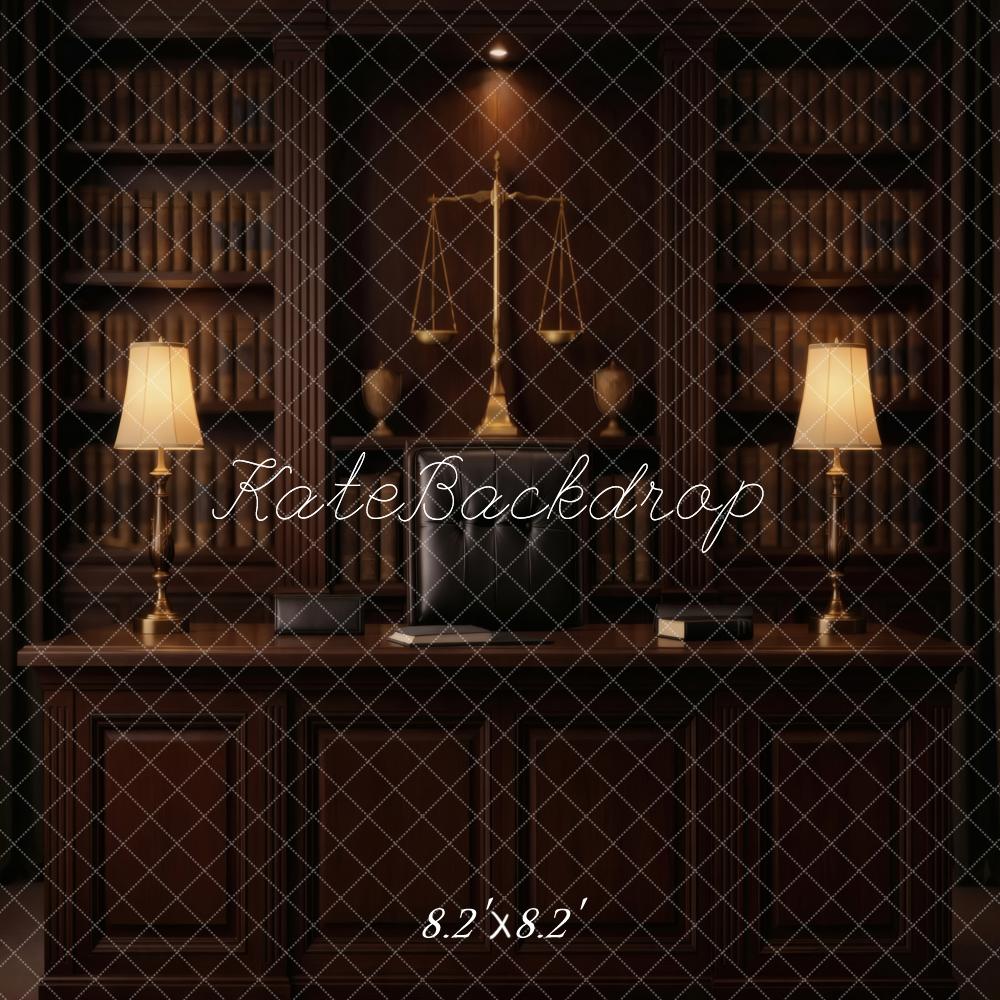 Kate Law Office Desk Bookshelves Scales Backdrop Designed by Vertigo Productions - Image 5