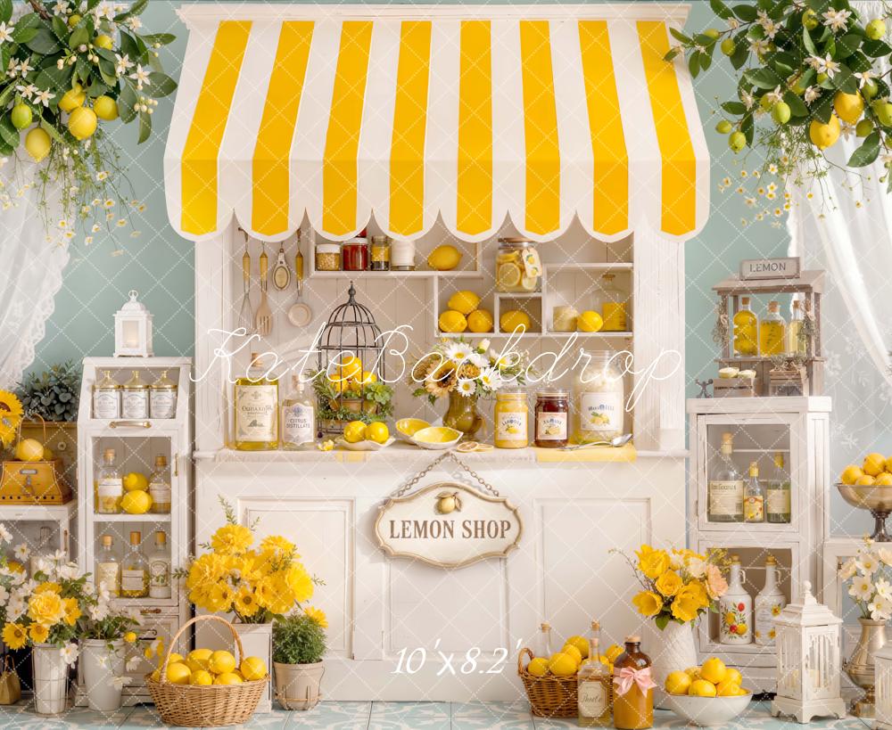 Kate Lemon Shop Yellow Striped Awning Backdrop Designed by Emetselch - Image 6