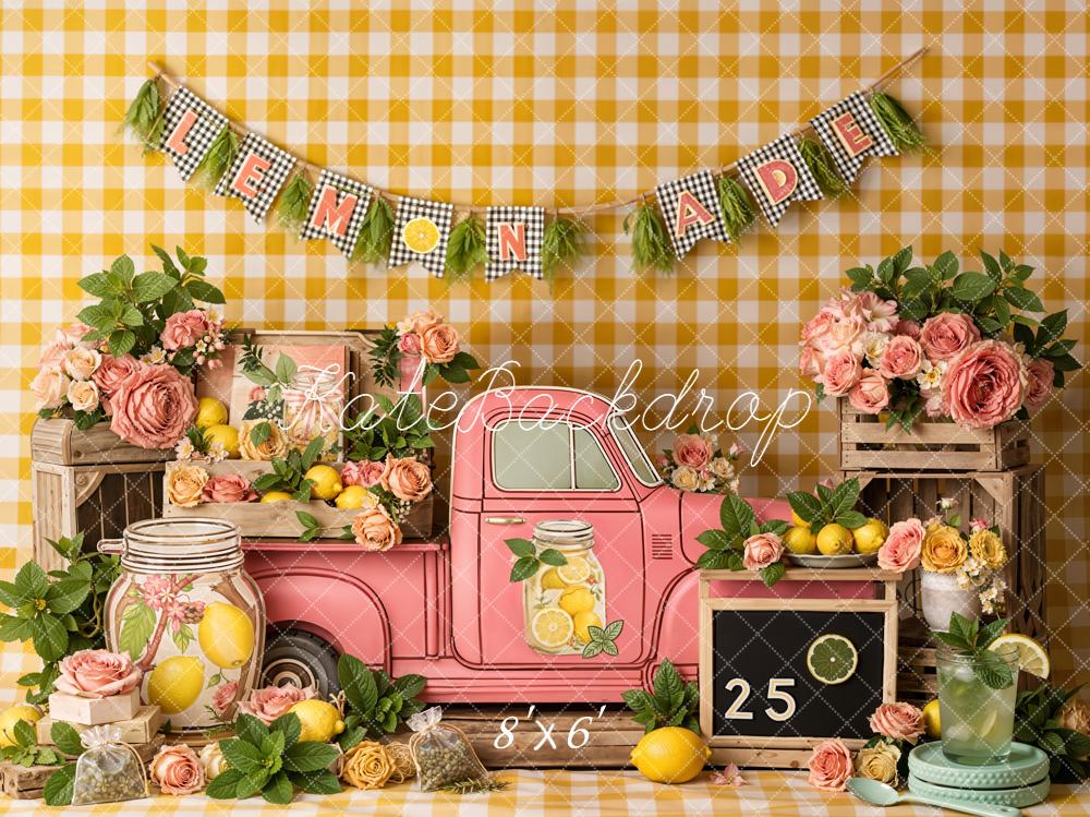 Kate Lemonade Pink Truck Gingham Backdrop Designed by Emetselch - Image 3