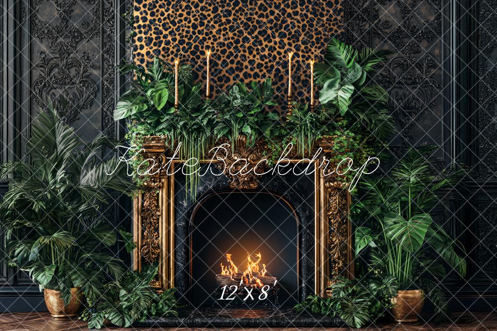 Kate Leopard Fireplace Greenery Black Wall Backdrop Designed by Ashley Paul - Image 10