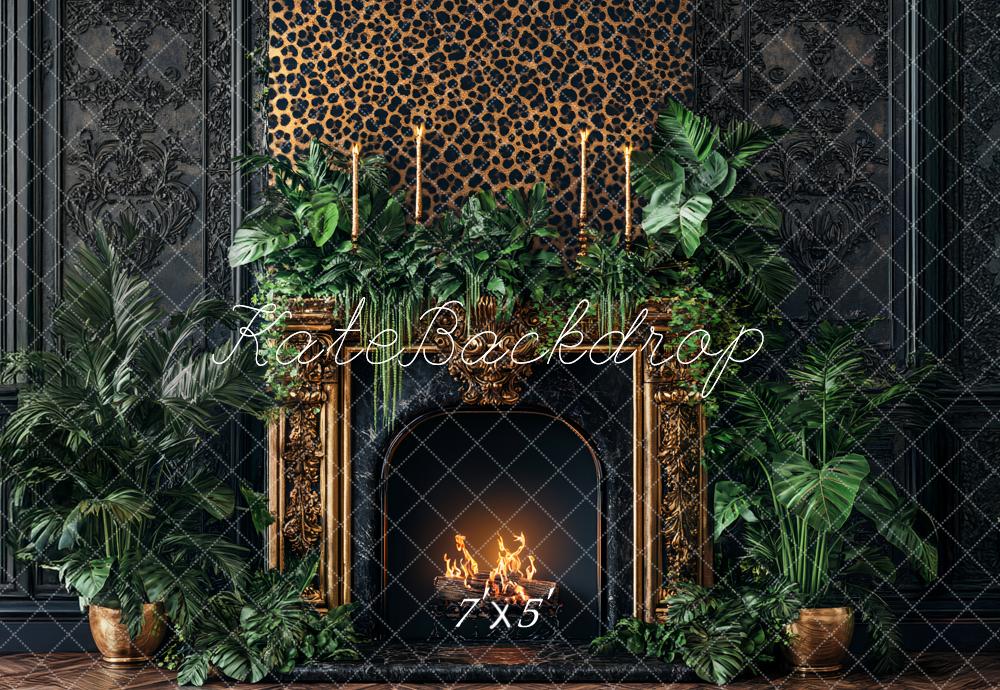 Kate Leopard Fireplace Greenery Black Wall Backdrop Designed by Ashley Paul - Image 2