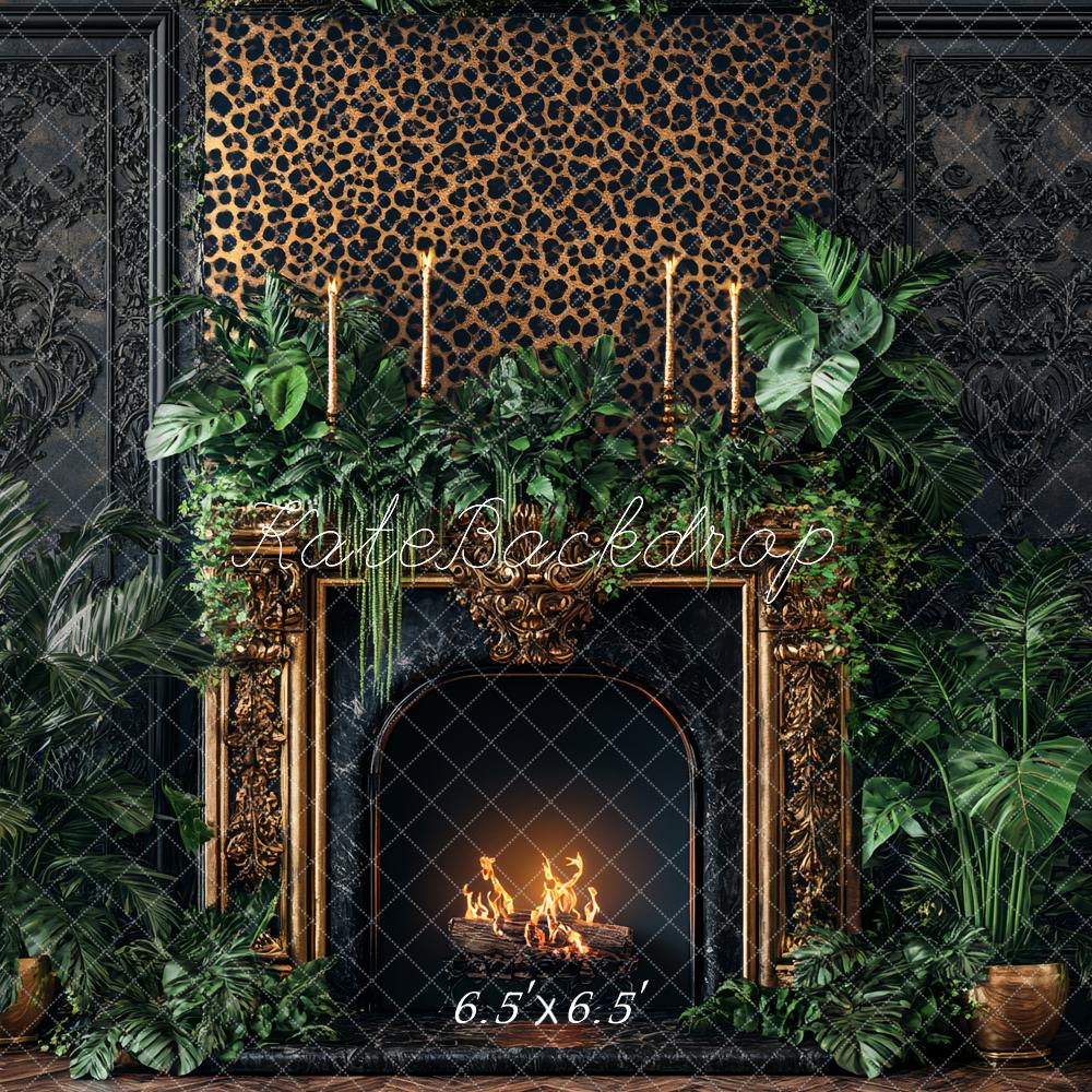 Kate Leopard Fireplace Greenery Black Wall Backdrop Designed by Ashley Paul - Image 4