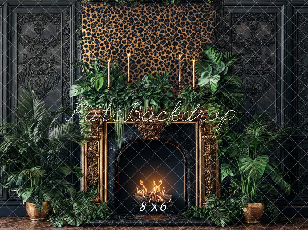 Kate Leopard Fireplace Greenery Black Wall Backdrop Designed by Ashley Paul - Image 5