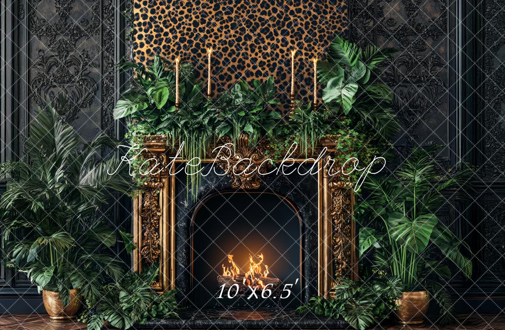 Kate Leopard Fireplace Greenery Black Wall Backdrop Designed by Ashley Paul - Image 6