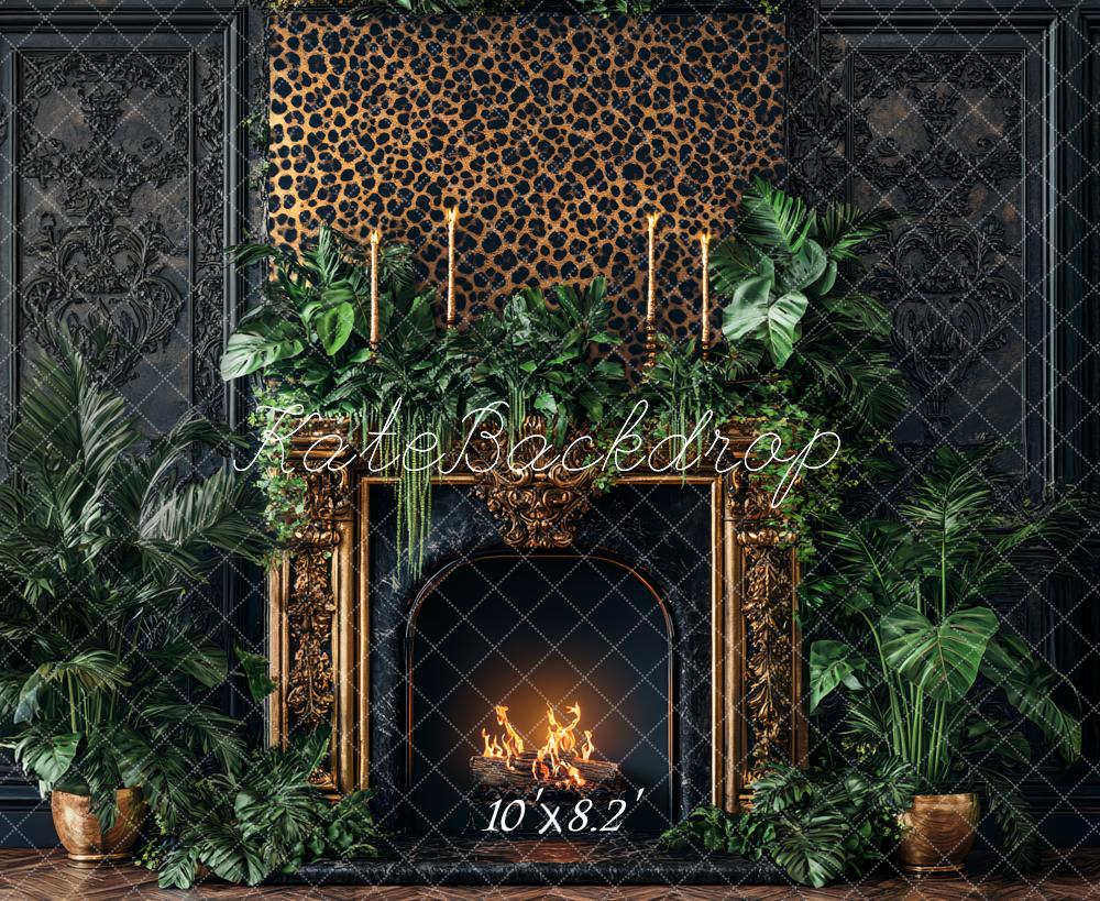 Kate Leopard Fireplace Greenery Black Wall Backdrop Designed by Ashley Paul - Image 8