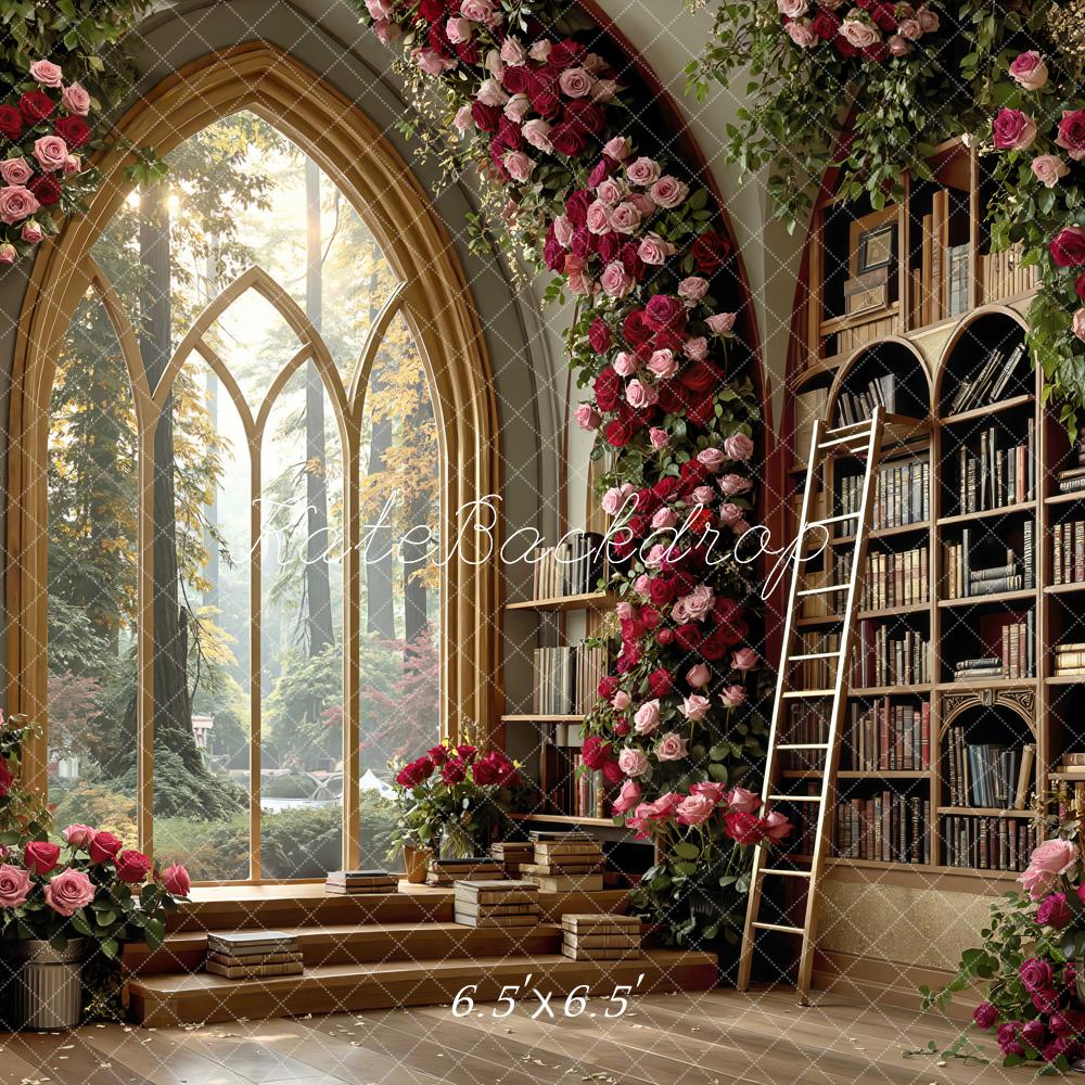 Kate Library Books Arched Window Rose Garland Backdrop Designed by Mini MakeBelieve - Image 2