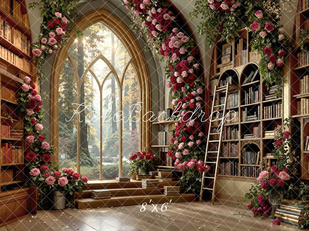 Kate Library Books Arched Window Rose Garland Backdrop Designed by Mini MakeBelieve - Image 3
