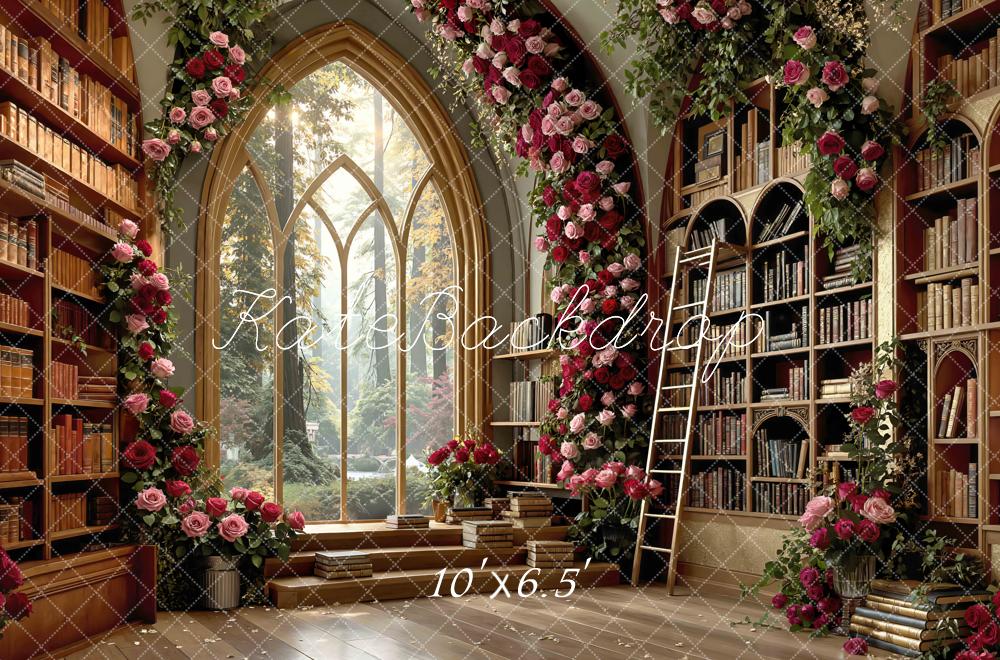 Kate Library Books Arched Window Rose Garland Backdrop Designed by Mini MakeBelieve - Image 4