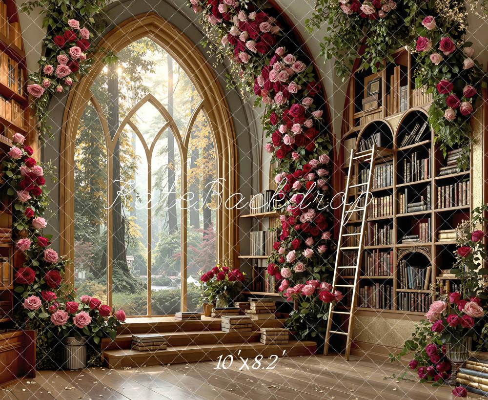 Kate Library Books Arched Window Rose Garland Backdrop Designed by Mini MakeBelieve - Image 6