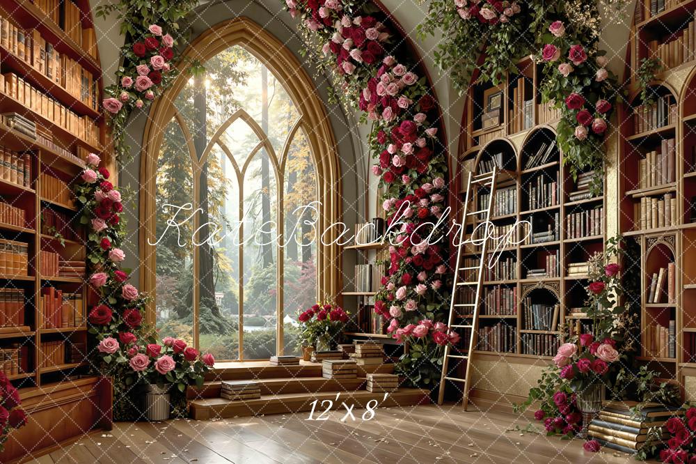 Kate Library Books Arched Window Rose Garland Backdrop Designed by Mini MakeBelieve - Image 8
