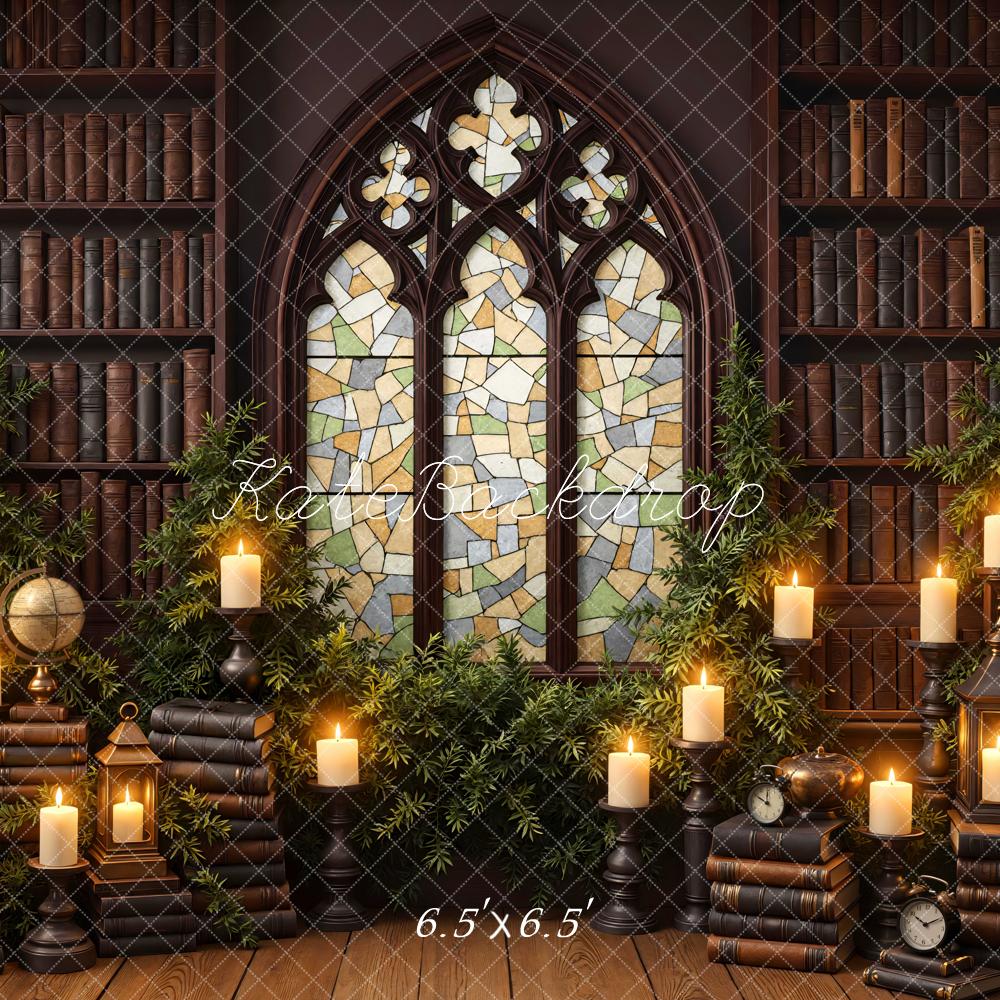 Kate Library Bookshelves Stained Glass Candles Backdrop Designed by Mini MakeBelieve - Image 2