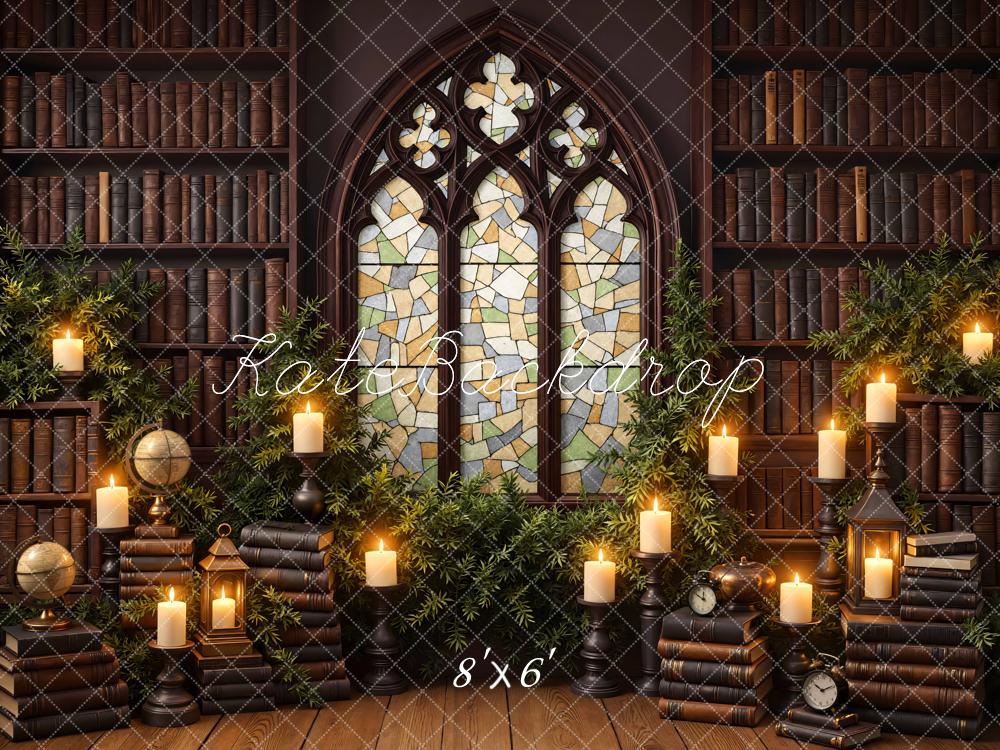 Kate Library Bookshelves Stained Glass Candles Backdrop Designed by Mini MakeBelieve - Image 3