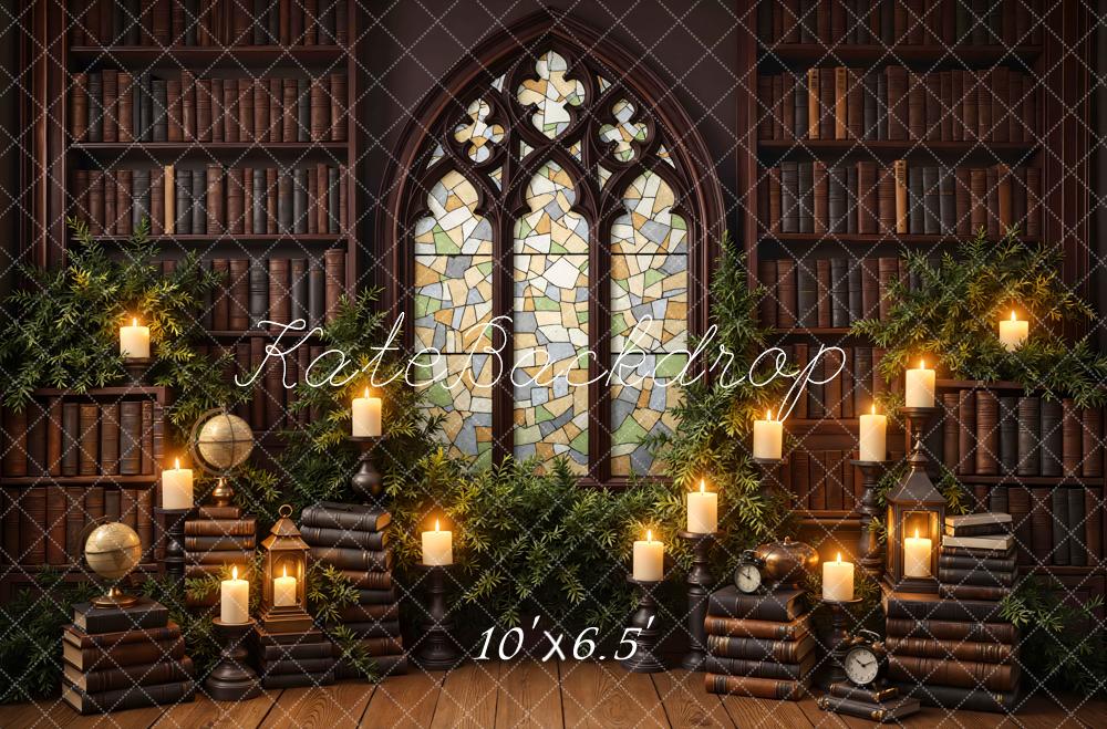 Kate Library Bookshelves Stained Glass Candles Backdrop Designed by Mini MakeBelieve - Image 4