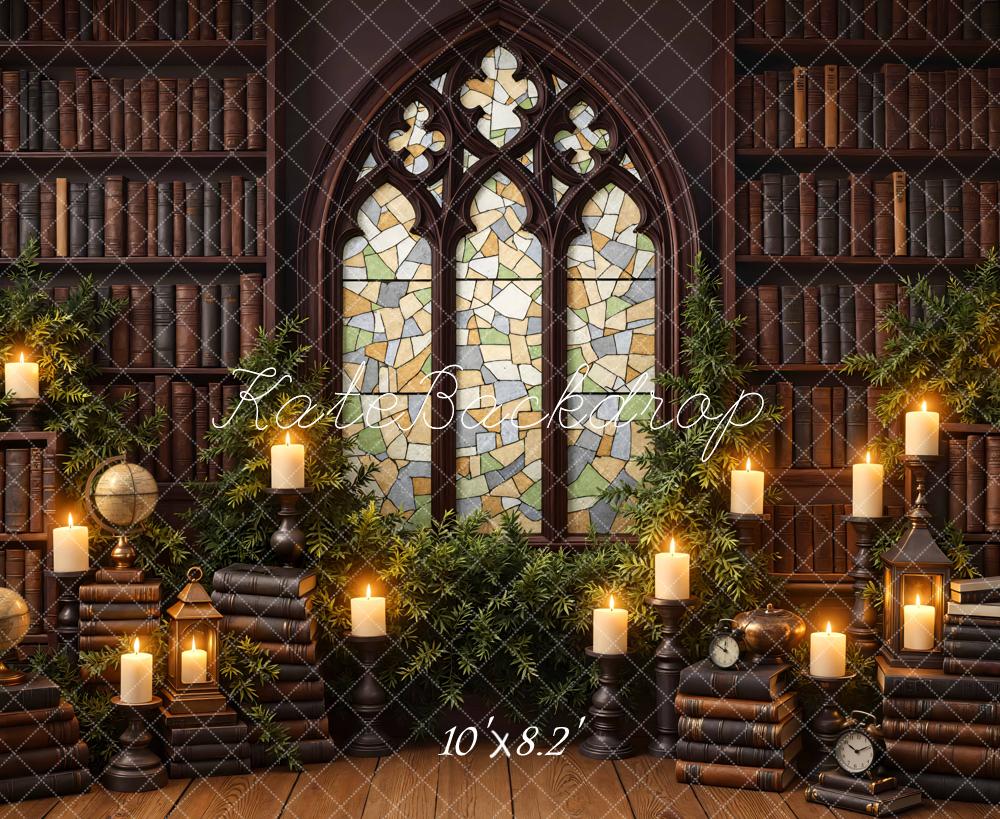 Kate Library Bookshelves Stained Glass Candles Backdrop Designed by Mini MakeBelieve - Image 6