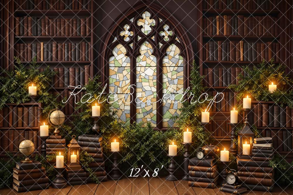 Kate Library Bookshelves Stained Glass Candles Backdrop Designed by Mini MakeBelieve - Image 8