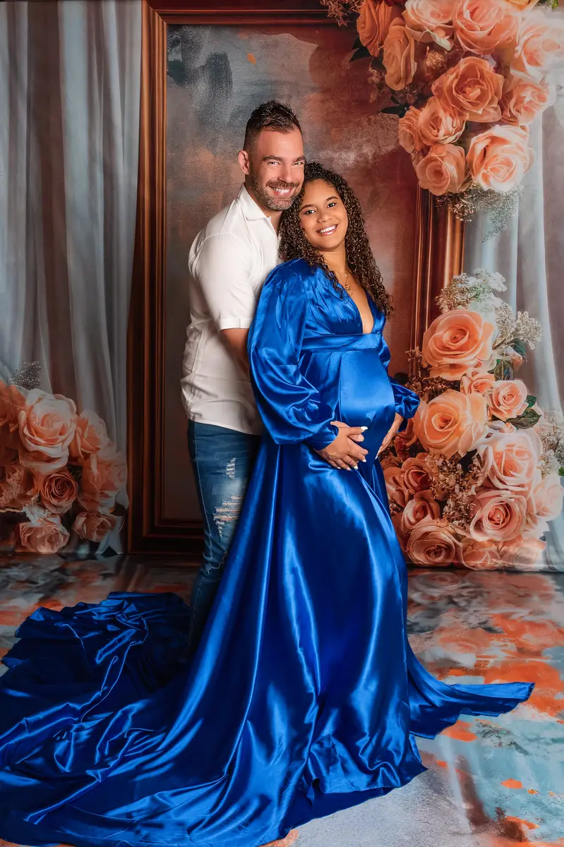 Kate Long Sleeve Satin Blue Maternity Photoshoot Dress - Image 10