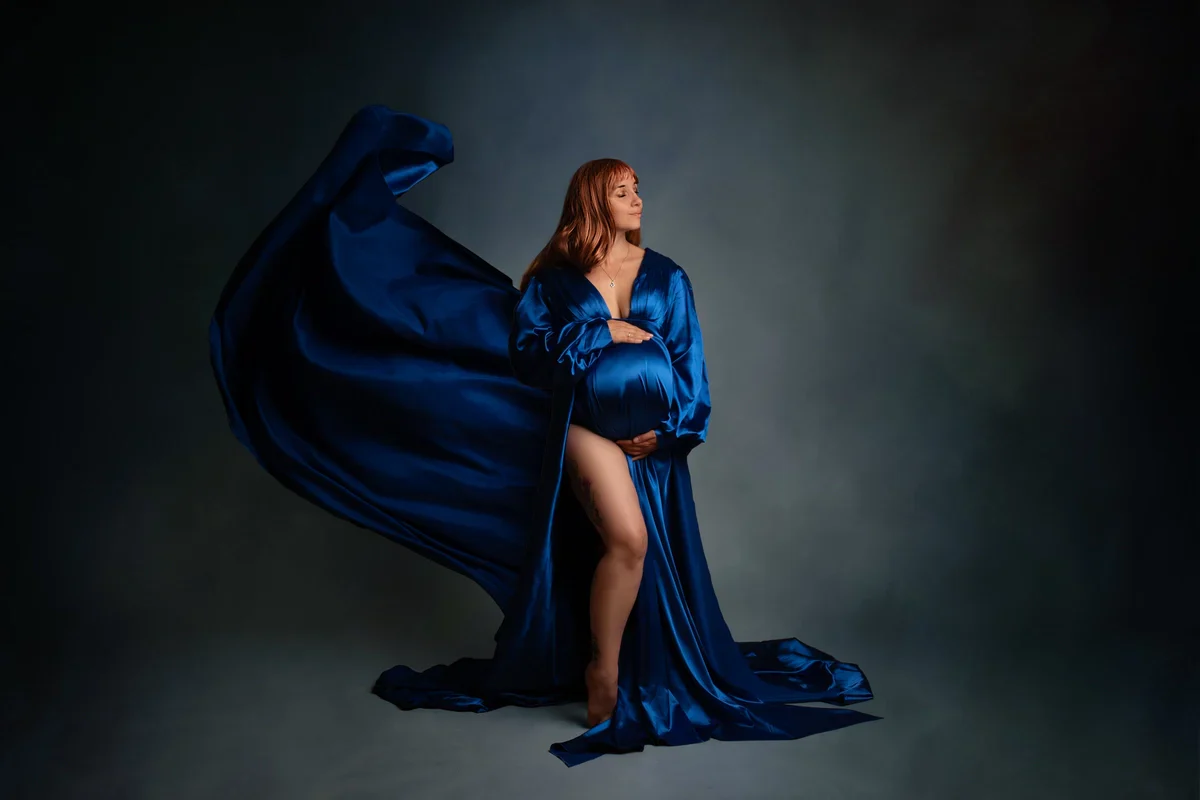 Kate Long Sleeve Satin Blue Maternity Photoshoot Dress - Image 11