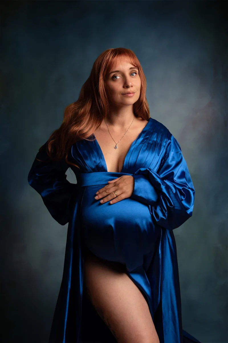 Kate Long Sleeve Satin Blue Maternity Photoshoot Dress - Image 12