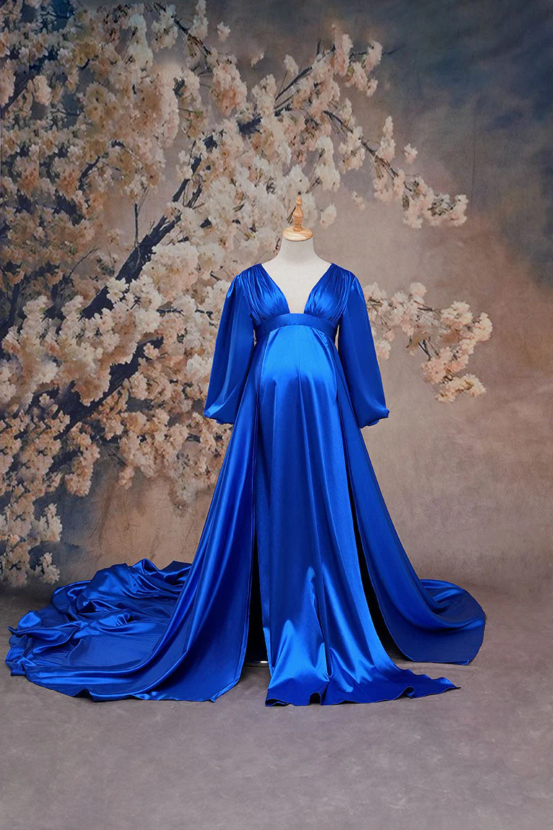 Kate Long Sleeve Satin Blue Maternity Photoshoot Dress - Image 2