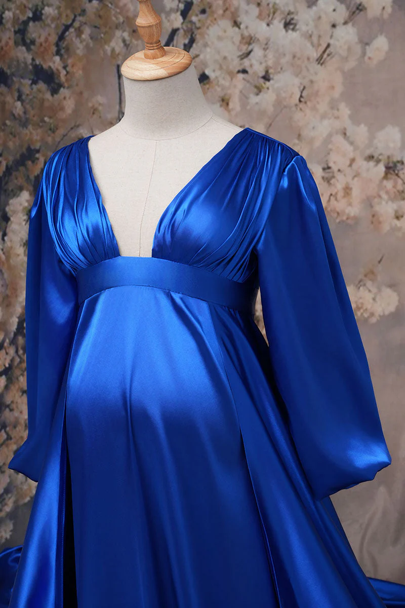 Kate Long Sleeve Satin Blue Maternity Photoshoot Dress - Image 3