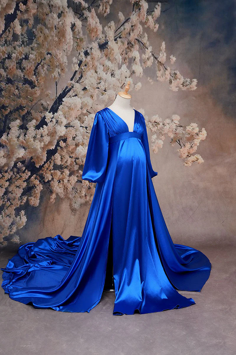 Kate Long Sleeve Satin Blue Maternity Photoshoot Dress - Image 4