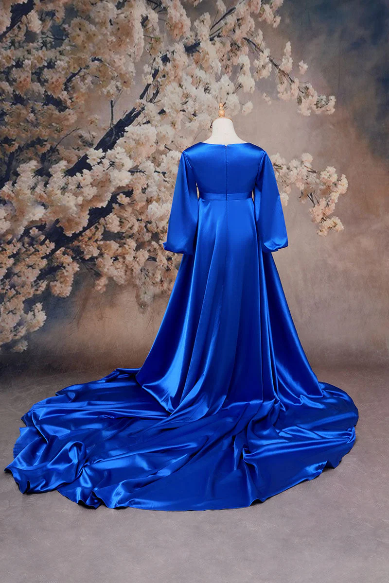 Kate Long Sleeve Satin Blue Maternity Photoshoot Dress - Image 5