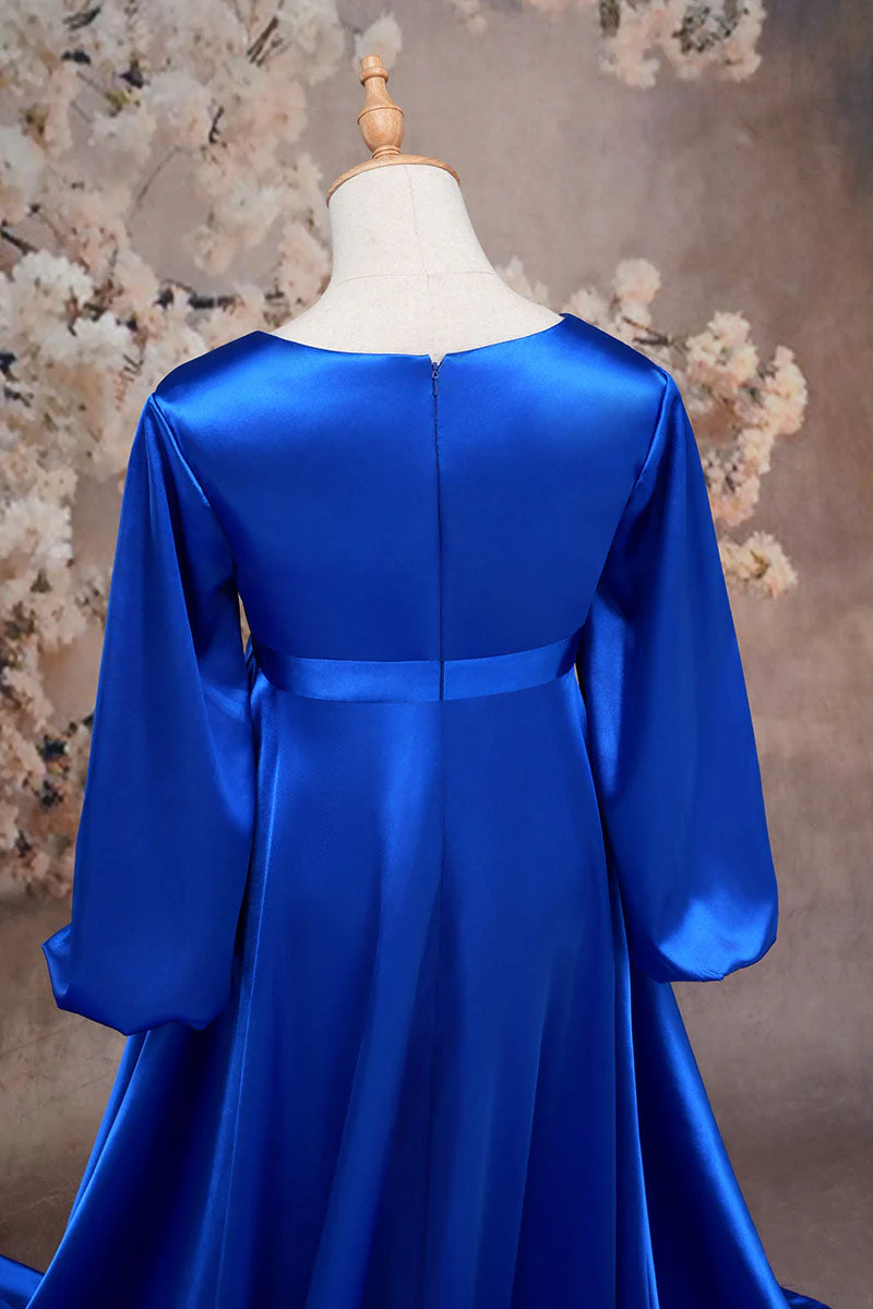 Kate Long Sleeve Satin Blue Maternity Photoshoot Dress - Image 6