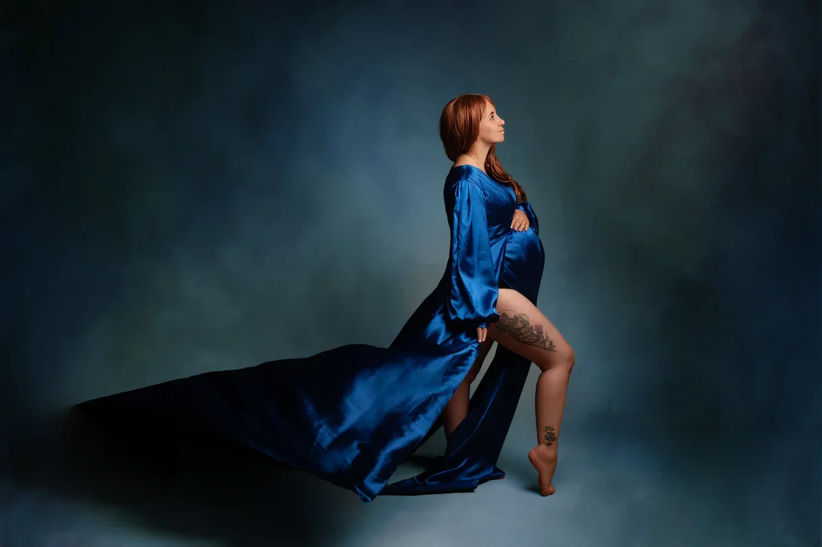 Kate Long Sleeve Satin Blue Maternity Photoshoot Dress - Image 8