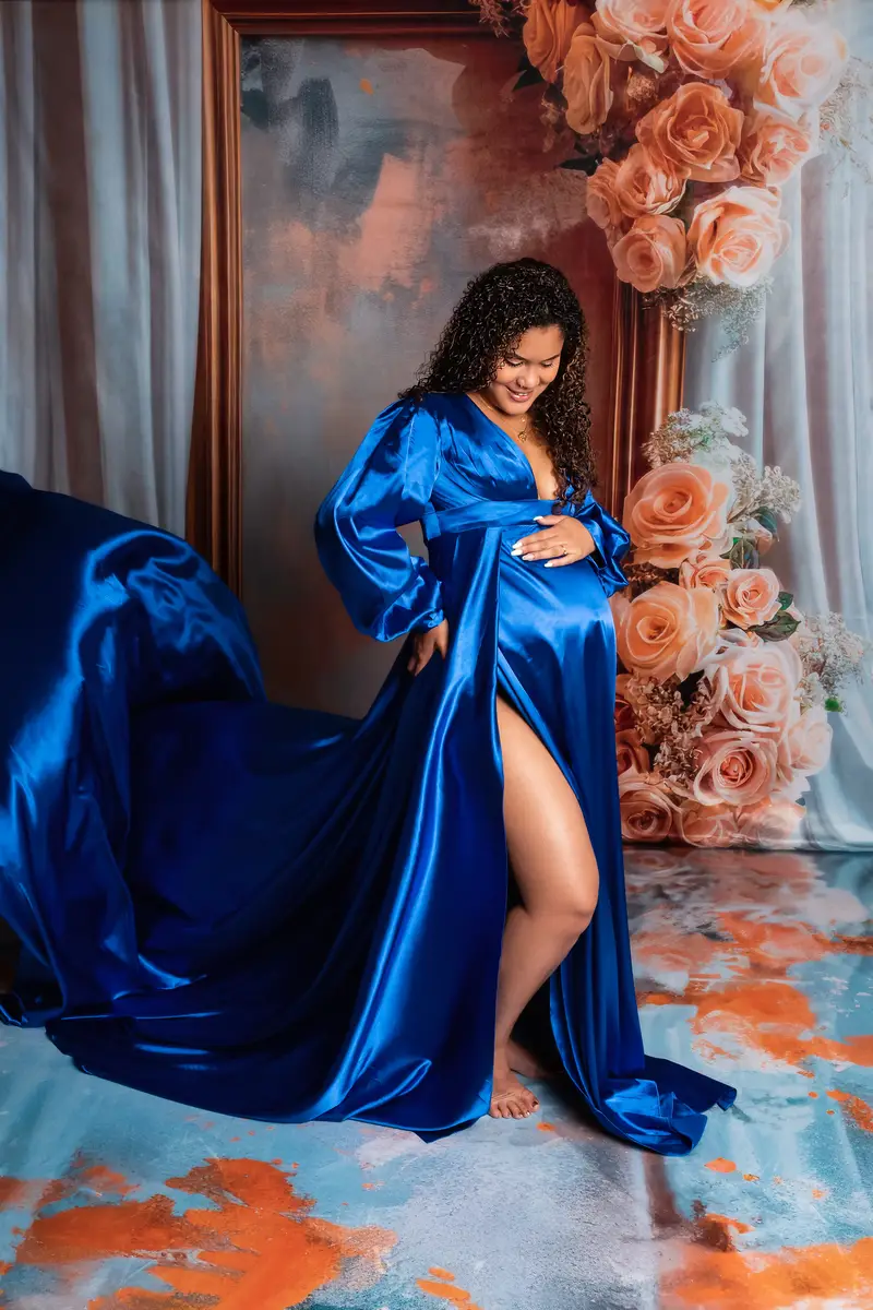 Kate Long Sleeve Satin Blue Maternity Photoshoot Dress - Image 9