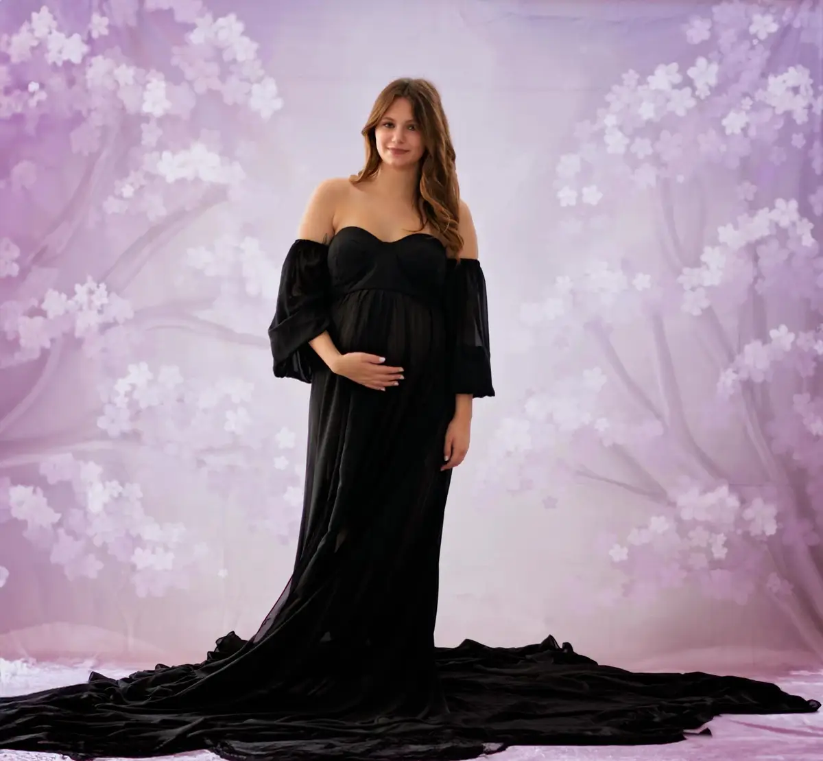 Kate Grey Long Sleeve Satin Maternity Photoshoot Dress - Image 10