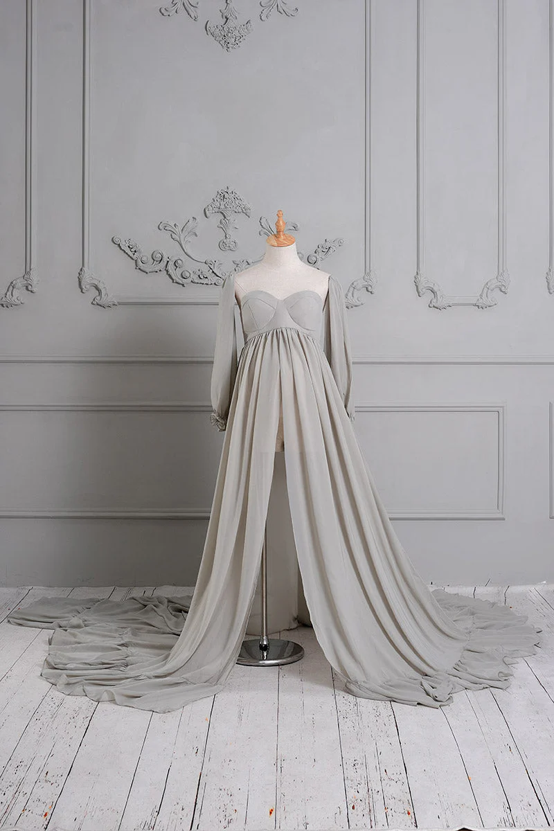 Kate Grey Long Sleeve Satin Maternity Photoshoot Dress - Image 2