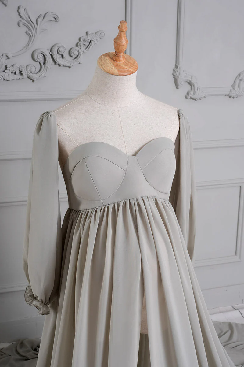 Kate Grey Long Sleeve Satin Maternity Photoshoot Dress - Image 3