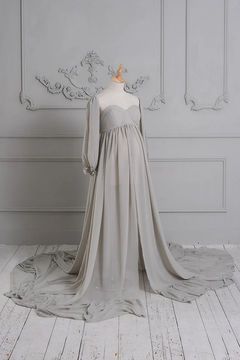 Kate Grey Long Sleeve Satin Maternity Photoshoot Dress - Image 5