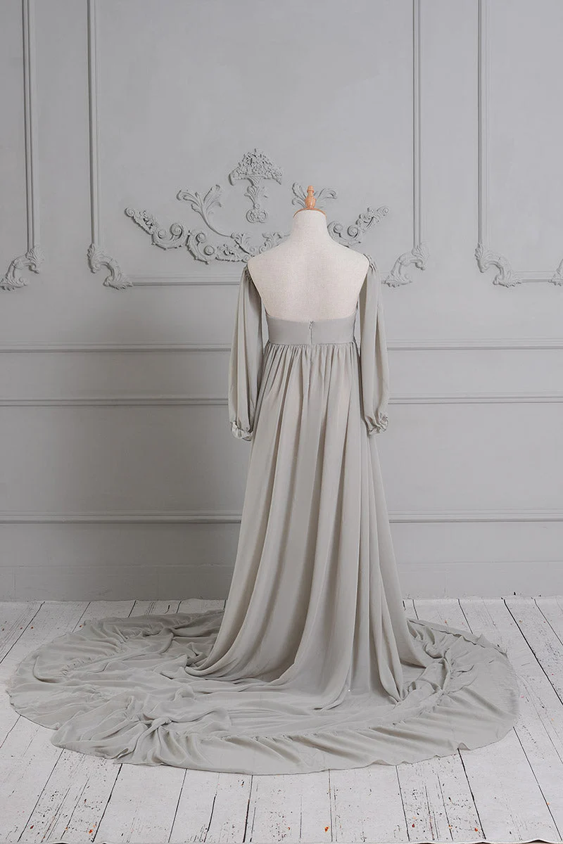 Kate Grey Long Sleeve Satin Maternity Photoshoot Dress - Image 6