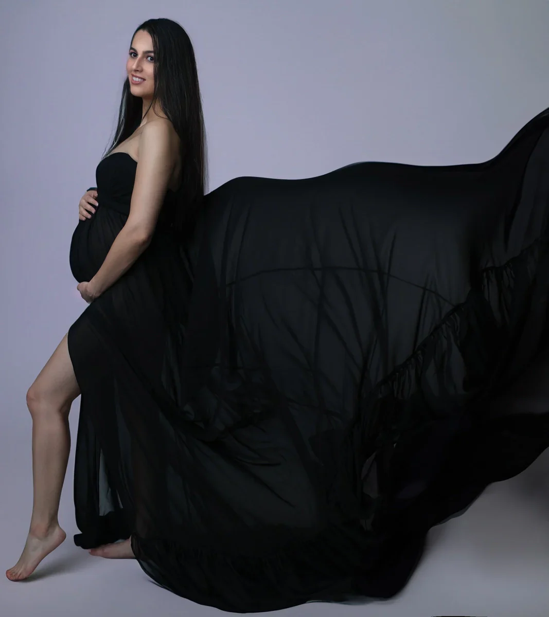 Kate Grey Long Sleeve Satin Maternity Photoshoot Dress - Image 8