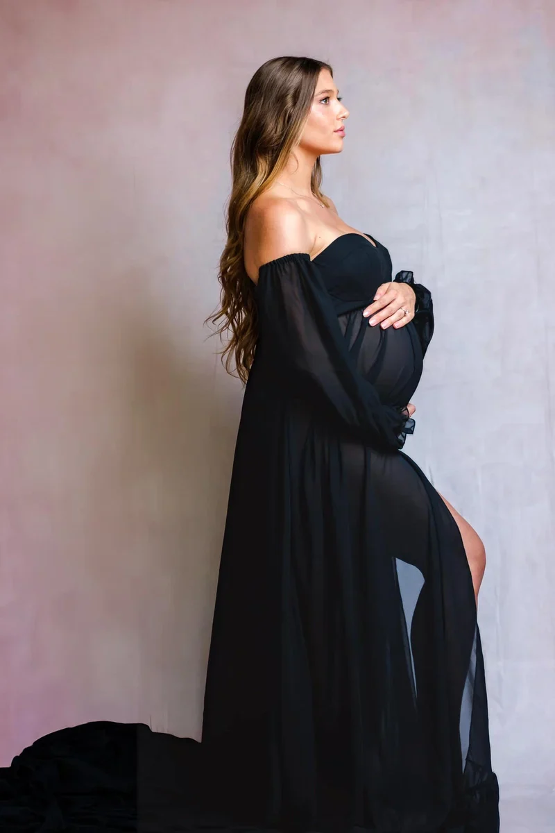 Kate Grey Long Sleeve Satin Maternity Photoshoot Dress - Image 9